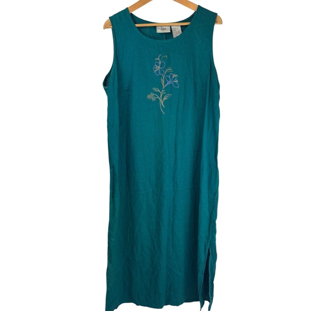 Vtg Studio Ease‎ Womens Sz 14W Linen Blend Maxi Dress Green Sleeveless Floral